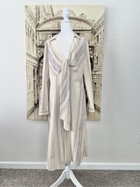 Preloved Zara Cream and Gray Striped Long-Sleeve Tie-Front Midi Dress